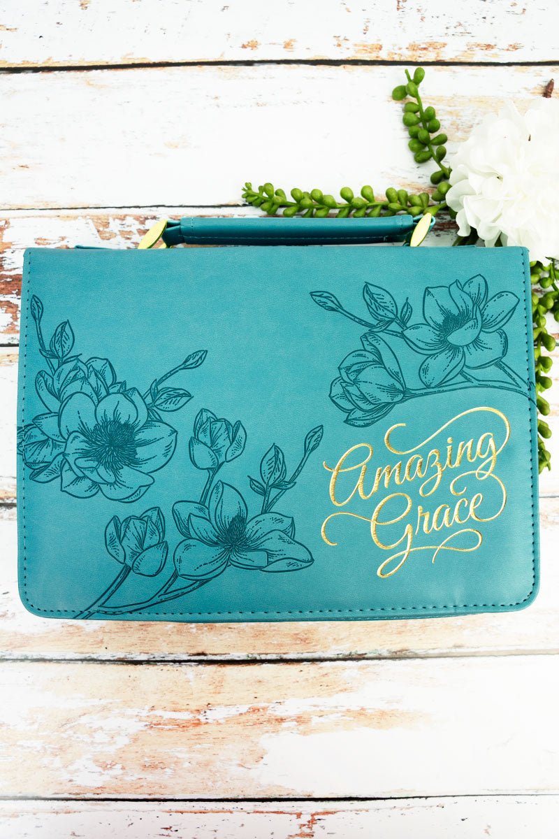Amazing Grace Floral Teal LuxLeather Large Bible Cover - Wholesale Accessory Market