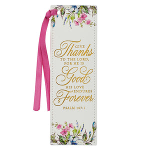 Give Thanks White Floral Faux Leather Page Marker - Wholesale Accessory Market