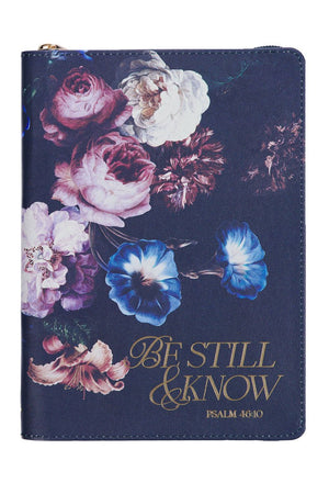 Be Still & Know Midnight Blue Floral Faux Leather Zippered Journal - Wholesale Accessory Market