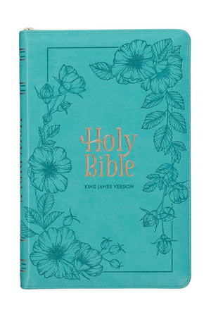 Teal Floral Faux Leather Zippered KJV Deluxe Gift Bible with Thumb Index - Wholesale Accessory Market