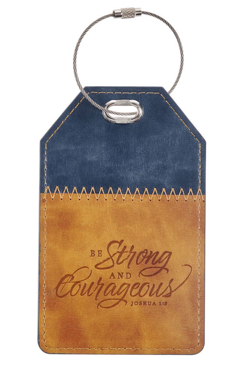 Strong and Courageous Butterscotch and Navy Faux Leather Luggage Tag