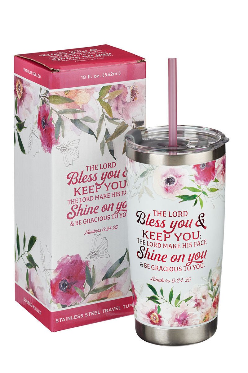 Bless You and Keep You Stainless Steel Travel Mug with Straw - Wholesale Accessory Market