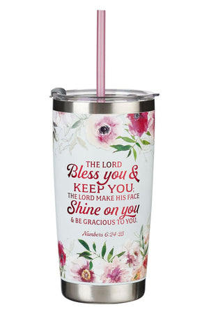 Bless You and Keep You Stainless Steel Travel Mug with Straw - Wholesale Accessory Market