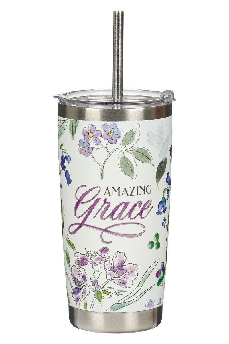 Amazing Grace Purple Floral Stainless Steel Travel Mug with Straw - Wholesale Accessory Market