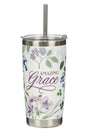 Amazing Grace Purple Floral Stainless Steel Travel Mug with Straw - Wholesale Accessory Market