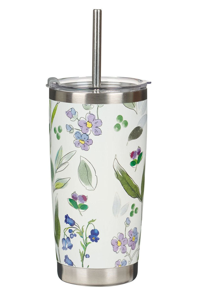 Amazing Grace Purple Floral Stainless Steel Travel Mug with Straw - Wholesale Accessory Market