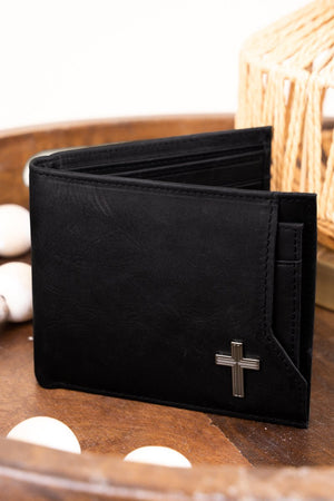 Silver Cross Black Genuine Leather Bi-Fold Wallet - Wholesale Accessory Market