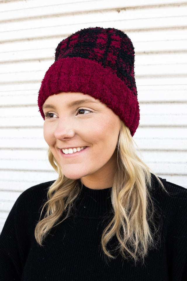 Be Clever Cabin Cozy Plaid Beanie, Red - Wholesale Accessory Market