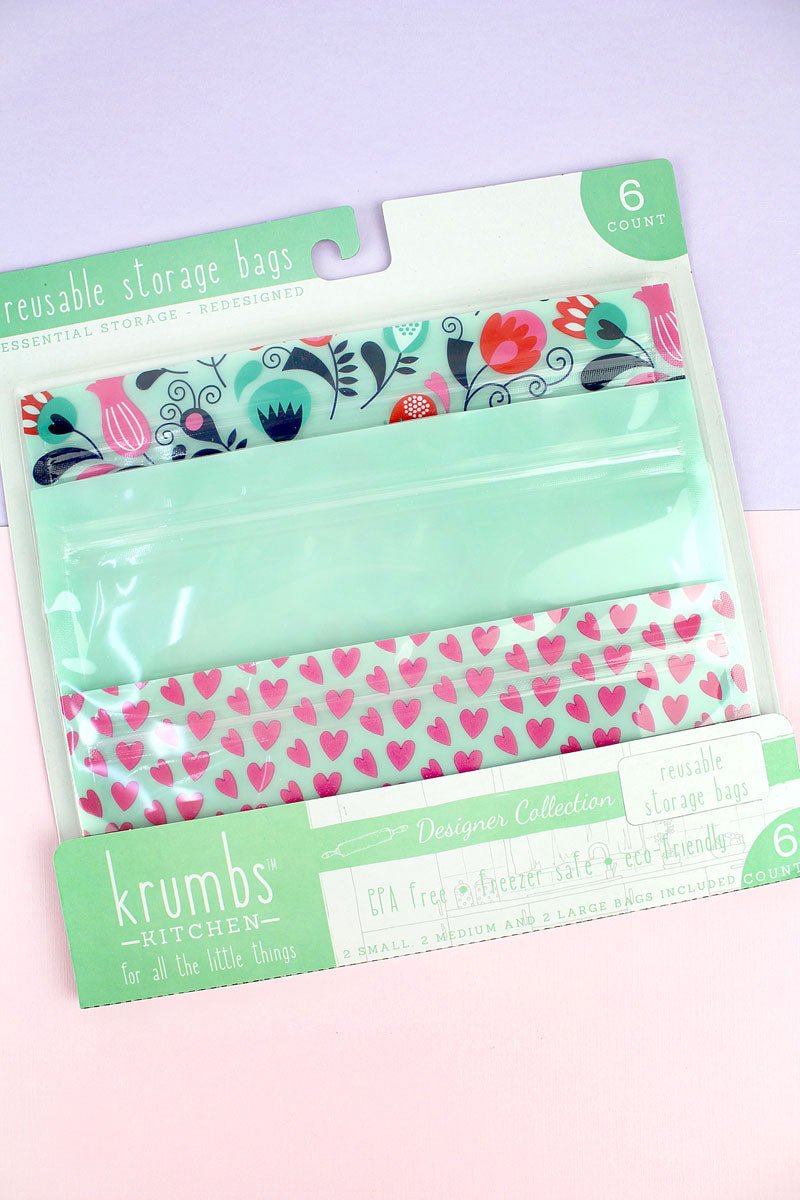 Pack of 6 Mint Floral Hearts Reusable Storage Bags - Wholesale Accessory Market