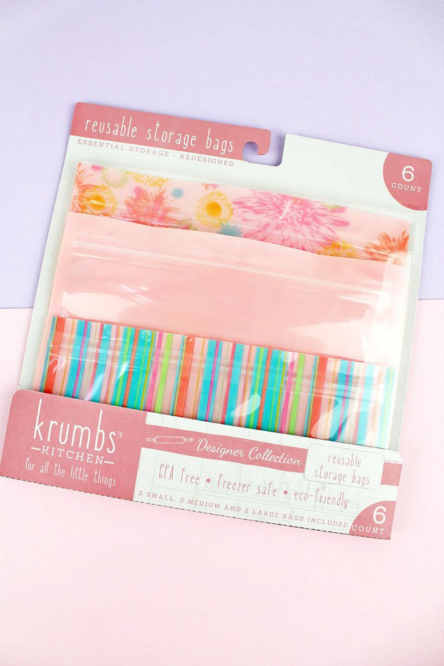 Pack of 6 Pink Floral Stripes Reusable Storage Bags - Wholesale Accessory Market