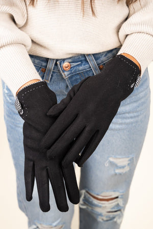 L.I.B. New York One Pair Houndstooth Button Smart Touch Gloves, Black - Wholesale Accessory Market