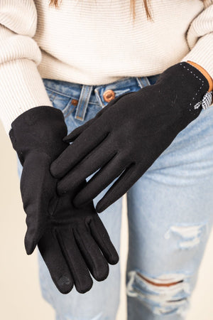 L.I.B. New York One Pair Houndstooth Button Smart Touch Gloves, Black - Wholesale Accessory Market