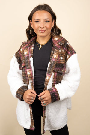 Fireside S'mores Brown Plaid Sherpa Shacket - Wholesale Accessory Market