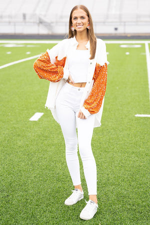 PRE-ORDER! Full Of Spirit White and Orange Sequin Shacket **EXPECTED SHIP DATE 9/5** - Wholesale Accessory Market