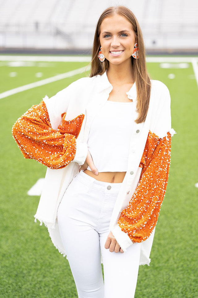 PRE-ORDER! Full Of Spirit White and Orange Sequin Shacket **EXPECTED SHIP DATE 9/5** - Wholesale Accessory Market