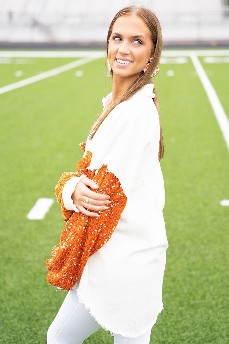 PRE-ORDER! Full Of Spirit White and Orange Sequin Shacket **EXPECTED SHIP DATE 9/5** - Wholesale Accessory Market