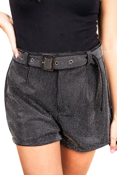 PRE-ORDER! Saturday Shimmer Black Crystal Belted Shorts **EXPECTED SHIP DATE 9/5** - Wholesale Accessory Market