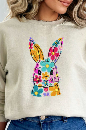 Faux Embroidery Colorful Bunny Transfer Heavy-weight Crew Sweatshirt - Wholesale Accessory Market