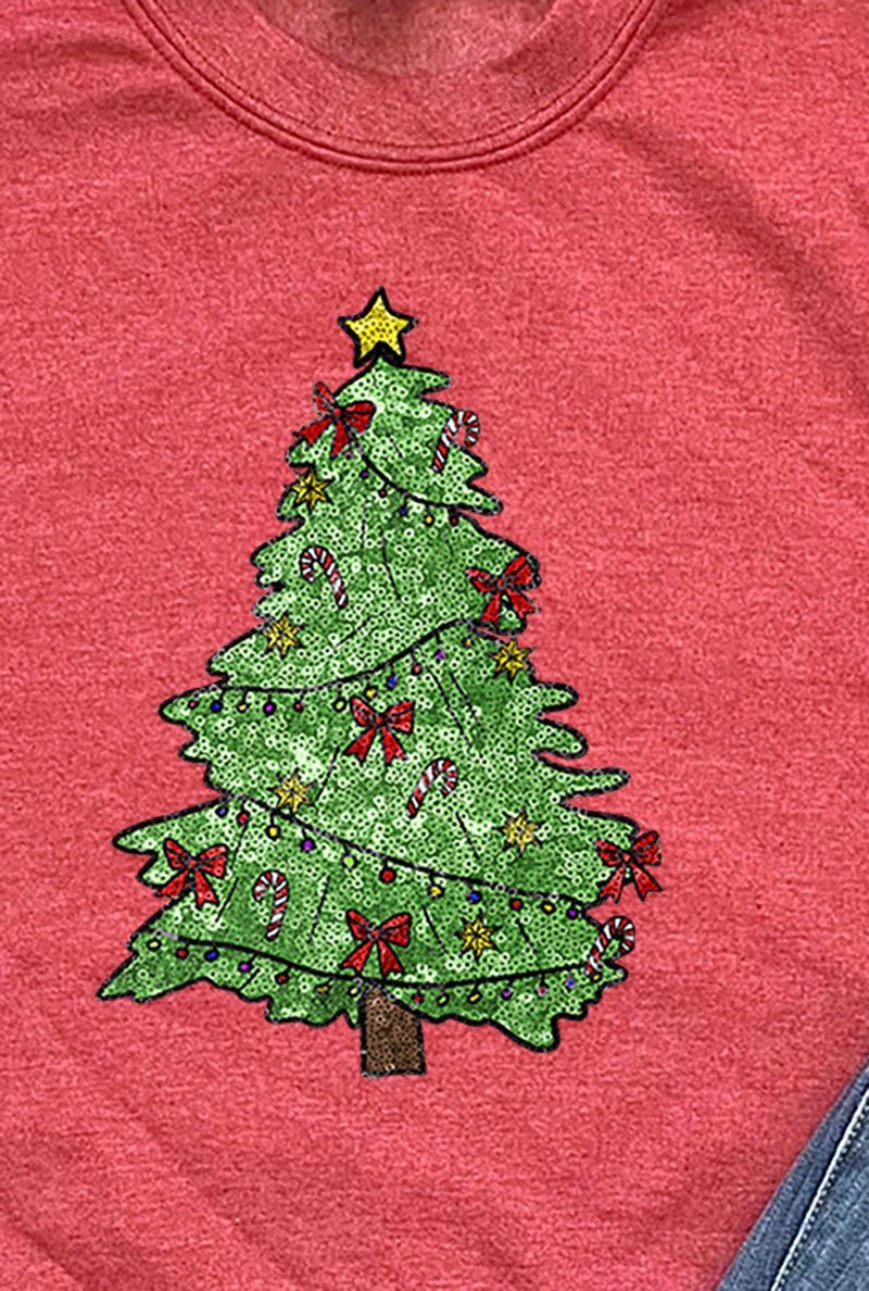 Faux Sequin Christmas Tree Transfer Heavy-weight Crew Sweatshirt - Wholesale Accessory Market