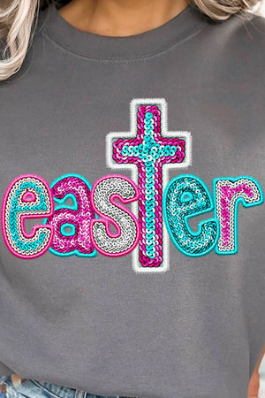 Faux Sequin Easter Cross Transfer Heavy-weight Crew Sweatshirt - Wholesale Accessory Market