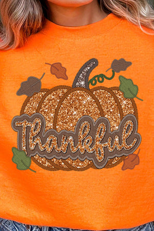 Thankful Pumpkin Faux Sequin Heavy-weight Crew Sweatshirt - Wholesale Accessory Market