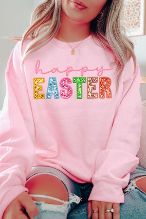 Pastel Faux Embroidery Happy Easter Transfer Heavy-weight Crew Sweatshirt - Wholesale Accessory Market