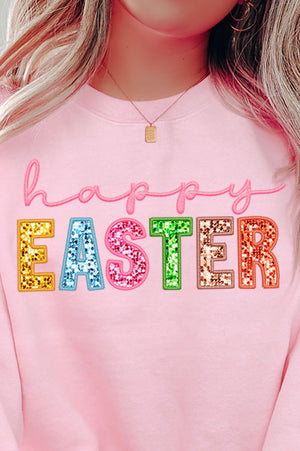 Pastel Faux Embroidery Happy Easter Transfer Heavy-weight Crew Sweatshirt - Wholesale Accessory Market