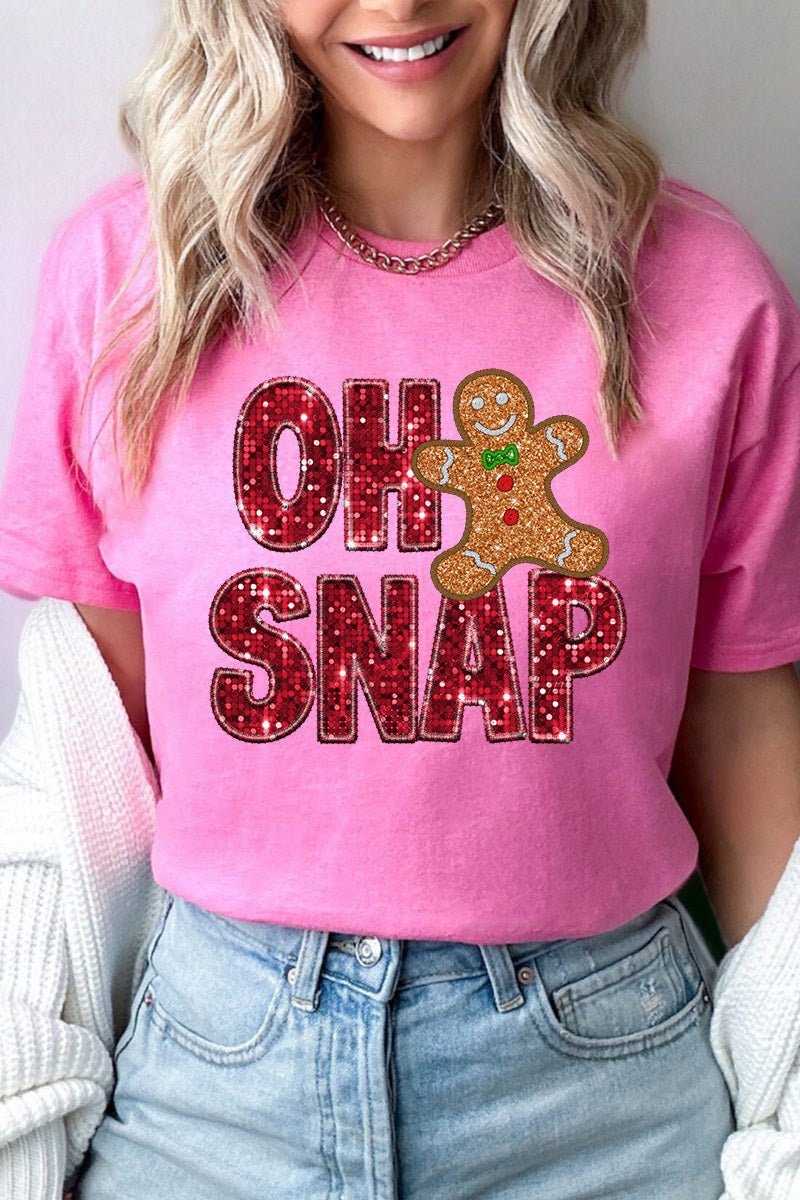 Faux Sequin Oh Snap Gingerbread Transfer Short Sleeve Relaxed Fit