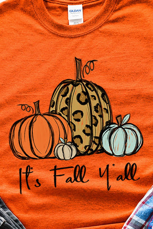 It's Fall Y'all Leopard Pumpkin Trio Short Sleeve Relaxed Fit T-Shirt - Wholesale Accessory Market