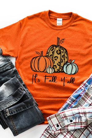 It's Fall Y'all Leopard Pumpkin Trio Short Sleeve Relaxed Fit T-Shirt - Wholesale Accessory Market