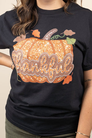 Thankful Pumpkin Faux Sequin Short Sleeve Relaxed Fit T-Shirt - Wholesale Accessory Market