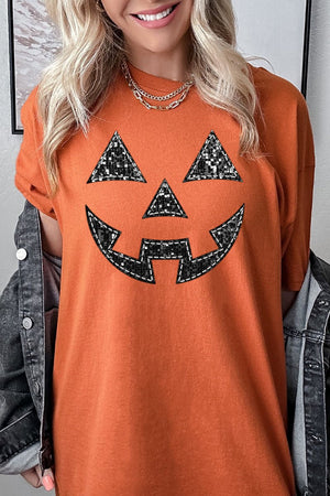 Faux Sequin Pumpkin Face Short Sleeve Relaxed Fit T-Shirt - Wholesale Accessory Market