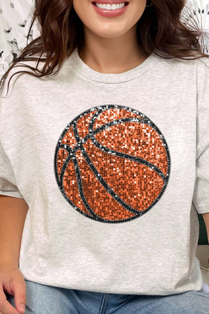 Faux Sequin Basketball Transfer Short Sleeve Relaxed Fit T-Shirt - Wholesale Accessory Market