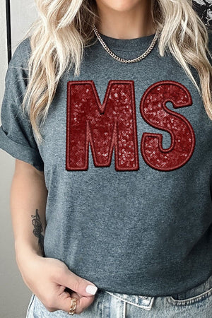 Faux Sequin Transfer Maroon MS Short Sleeve Relaxed Fit T-Shirt - Wholesale Accessory Market