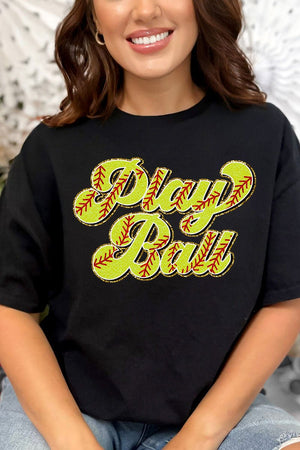 Play Ball Softball Faux Chenille Patch Transfer Short Sleeve Relaxed Fit T-Shirt - Wholesale Accessory Market