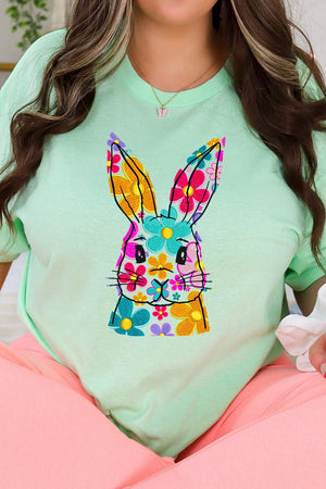 Faux Embroidery Colorful Bunny Transfer Short Sleeve Relaxed Fit T-Shirt - Wholesale Accessory Market