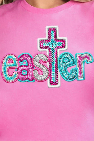 Faux Sequin Easter Cross Transfer Short Sleeve Relaxed Fit T-Shirt - Wholesale Accessory Market