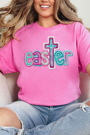 Faux Sequin Easter Cross Transfer Short Sleeve Relaxed Fit T-Shirt - Wholesale Accessory Market