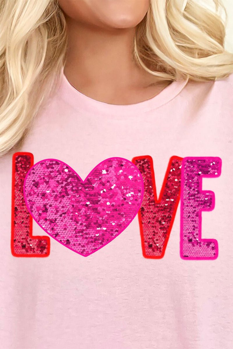 Love Heart Faux Sequin Transfer Short Sleeve Relaxed Fit T-Shirt