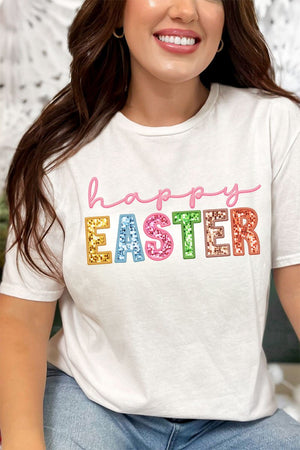 Pastel Faux Embroidery Happy Easter Transfer Short Sleeve Relaxed Fit T-Shirt - Wholesale Accessory Market