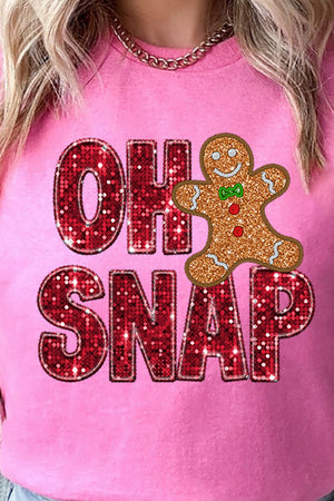 Faux Sequin Oh Snap Gingerbread Transfer Short Sleeve Relaxed Fit T-Shirt - Wholesale Accessory Market