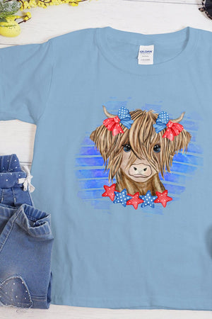 Youth Patriotic Highland Cow Short Sleeve Relaxed Fit T-Shirt - Wholesale Accessory Market