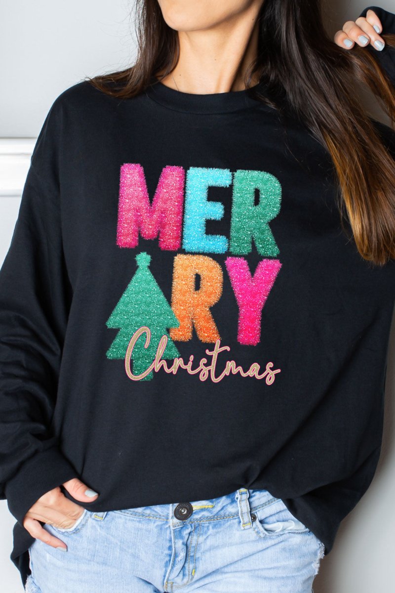 Faux Tinsel Merry Christmas Transfer Heavy Cotton Long Sleeve Adult T