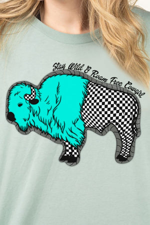 Turquoise Checkered Buffalo Combed Cotton T-Shirt - Wholesale Accessory Market