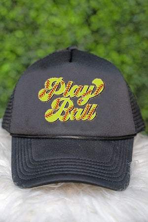 Play Ball Softball Faux Chenille Patch Transfer Foam Mesh Back Trucker Cap - Wholesale Accessory Market