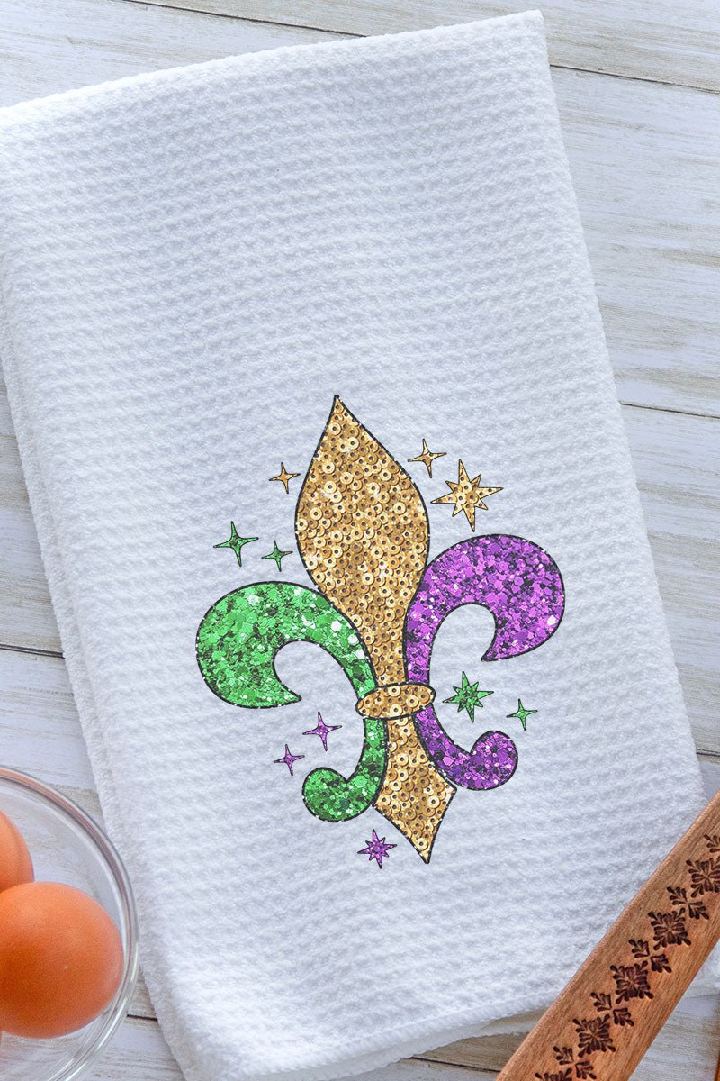 Mardi Gras Fleur De Lis Faux Sequin Transfer Waffle Kitchen Towel - Wholesale Accessory Market