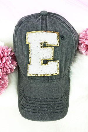 50% OFF! White Chenille Glitter 'E' Patch Black Cap - Wholesale Accessory Market