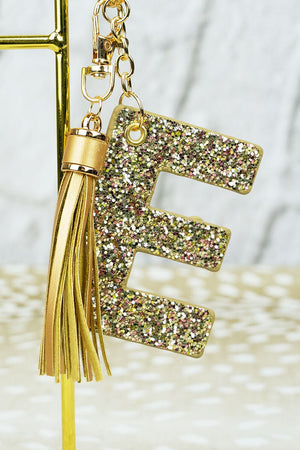 25% OFF! Gold Glitter 'E' Initial Tassel Keychain - Wholesale Accessory Market