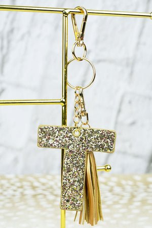 25% OFF! Gold Glitter 'T' Initial Tassel Keychain - Wholesale Accessory Market