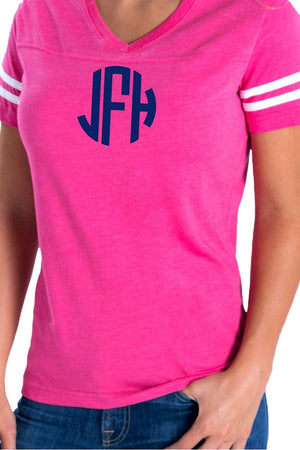 L.A.T. Ladies' Fine Jersey Football T-Shirt, Hot Pink/White *Personalize It - Wholesale Accessory Market